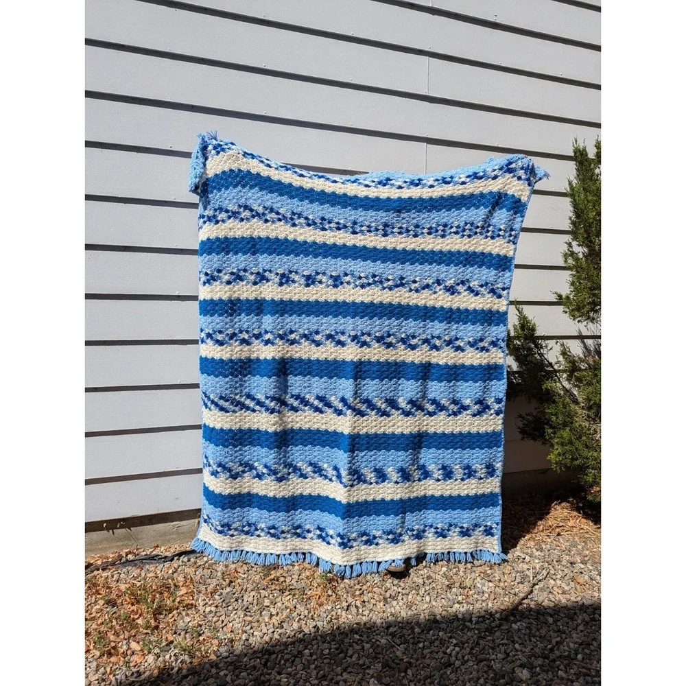 Vintage Blue Handmade Crocheted Afghan Blanket Striped Retro 77
